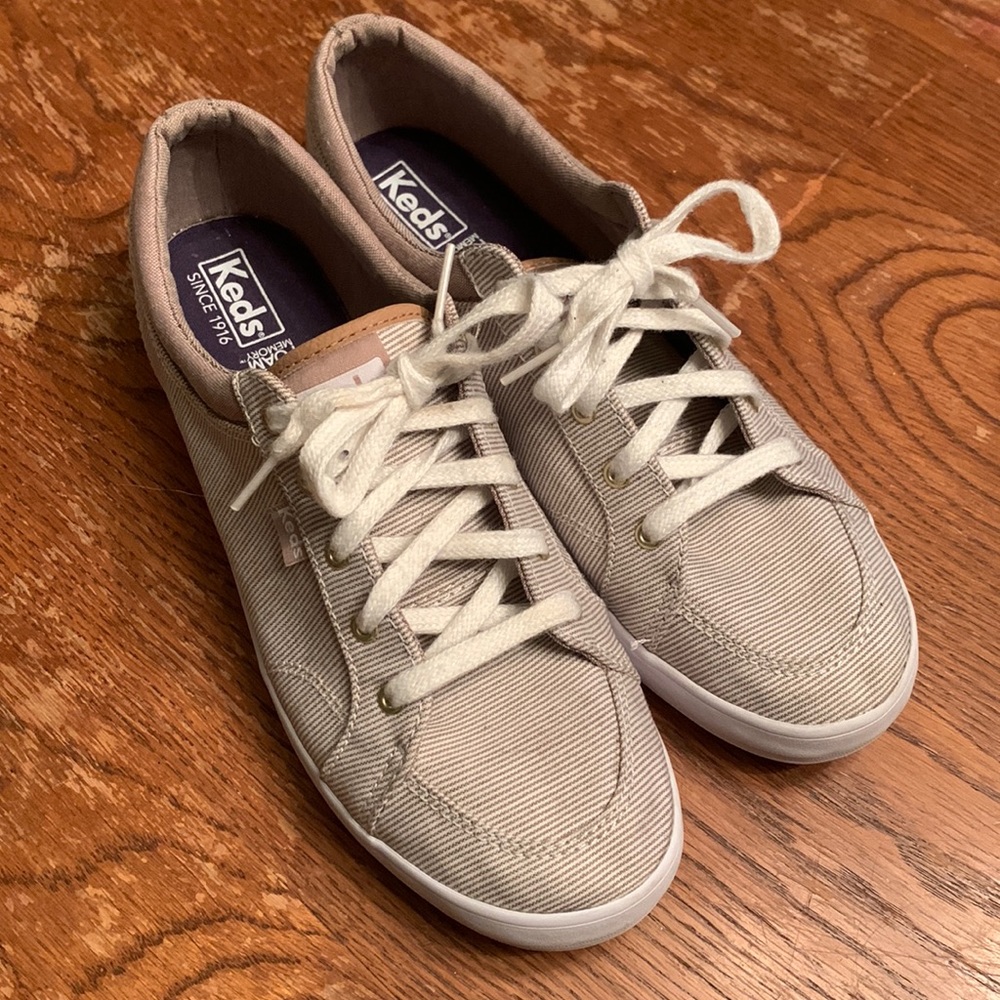 Tan and white striped Keds